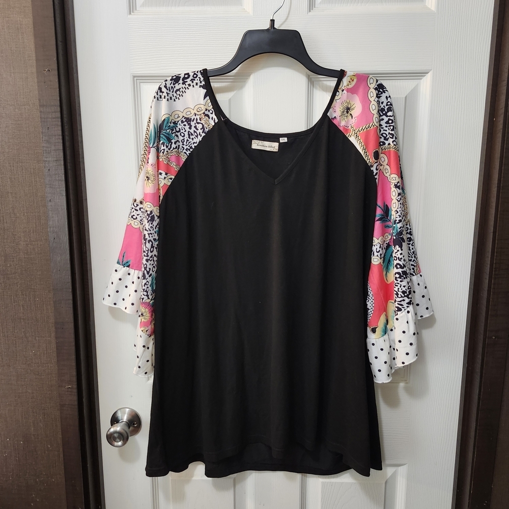 Southern Stitch XXL Boho Black Top Scarf Print Ruffle Bell Sleeve Mixed Print